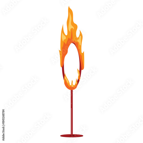 Burning ring of fire on pedestal, hot flame circle obstacle, risky stunt prop for circus show training safety concept