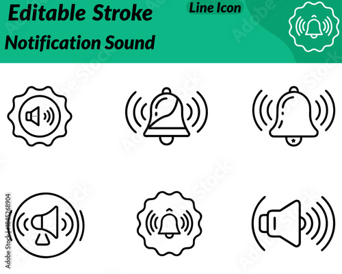 A modern notification sound set icon. Featuring a bellspeaker symbol  radiating sound waves. Designed with clean lines represent alerts notifications audio signals reminders system sound indicators.