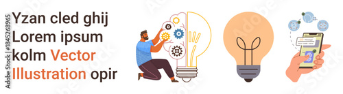 Innovation, creative thinking, teamwork, technology, AI, conceptual ideas. Man with light bulb and gears, glowing bulb smartphone and AI symbols. Innovation and creative thinking