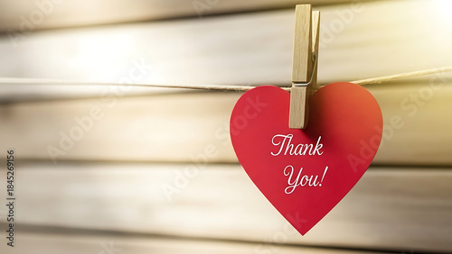 Thank You Heart Card with Clothespin on Rustic Wood Background, Expressing Gratitude and Appreciation