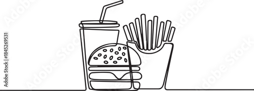 Burger, soda and french fries takeout food.one line  vector illustration  with out background
