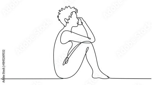  minimal continuous line art illustration of a seated person thinking, one line drawing symbolizing contemplation, loneliness, mindfulness, mental health, emotion and modern human concept