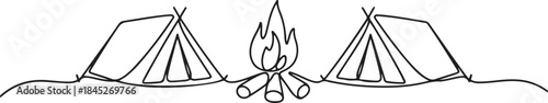 Single one line drawing two tent with bonfire.one line  vector illustration  with out background