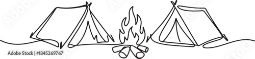 Single one line drawing two tent with bonfire.one line  vector illustration  with out background