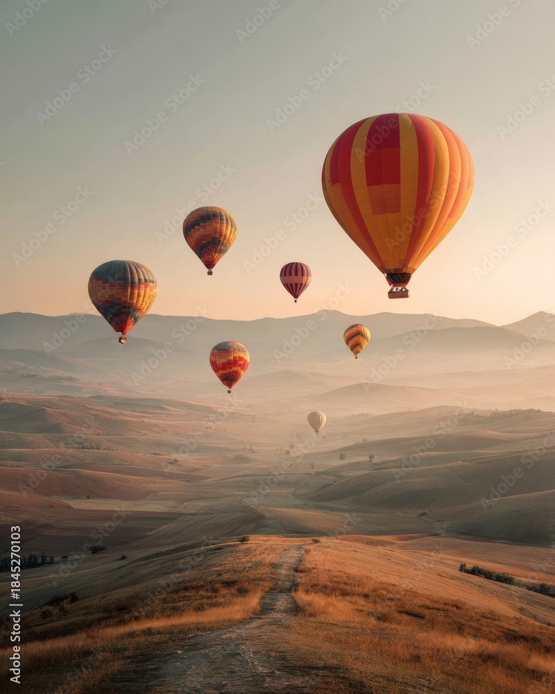 Obraz premium Colorful hot air balloons floating over a misty valley at sunrise, creating a peaceful travel scene filled with freedom and adventure.