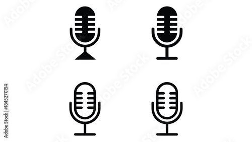  minimal microphone icon set in solid and outline styles, audio recording and podcast mic symbols for voice, music, broadcasting, streaming, ui ux interface and media apps