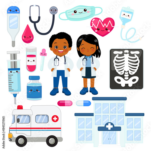 Cute doctors, medical equipment, hospital building and ambulance clipart