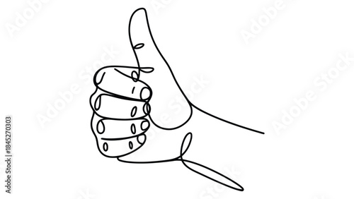  minimal line art illustration of a thumbs up hand gesture, continuous one line drawing, simple outline sketch symbolizing approval, success, positive feedback, and agreement