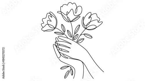 minimal line art illustration of a hand holding blooming flowers, continuous one line drawing, elegant botanical sketch for wall art, branding, tattoo, logo, and modern decor