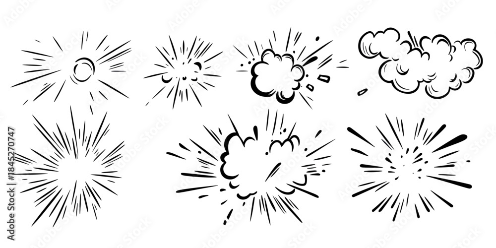 Fototapeta premium Comic explosion bursts and motion speed lines set with hand drawn doodle style smoke clouds and dynamic burst effects for graphic design elements vector