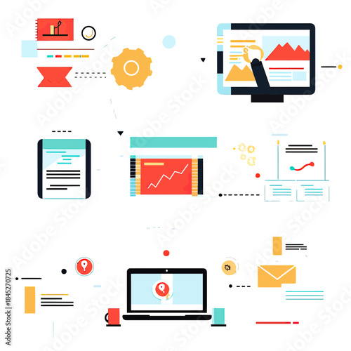 Flat minimalist vector illustration of digital marketing strategy presentation with charts graphs analysis and online data management on computer and mobile devices