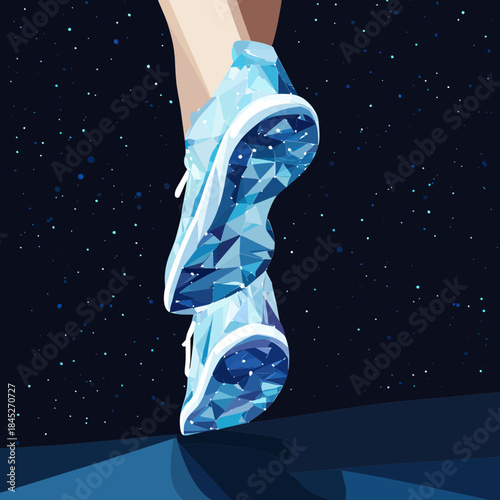 Close-up of polygonal blue sneakers in motion on abstract dark starry background minimalistic low poly vector illustration