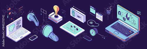 Isometric futuristic workspace with smart devices virtual assistant interface holograms and laptop computer technology concept illustration
