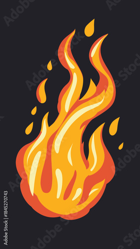 Bright orange and yellow stylized fire flame with glowing highlights and smaller flame droplets flat minimalist vector illustration on dark background