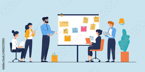 Business team meeting brainstorming strategy flat vector illustration with diverse colleagues using laptop and sticky notes on whiteboard in modern office setting