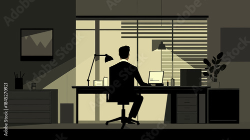 Silhouette of man working at desk with laptop and office lamp in modern minimalist office interior with blinds and indoor plant