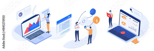 Isometric business people analyzing data charts and social media graphs on laptop and smartphone with business strategy and digital marketing concept