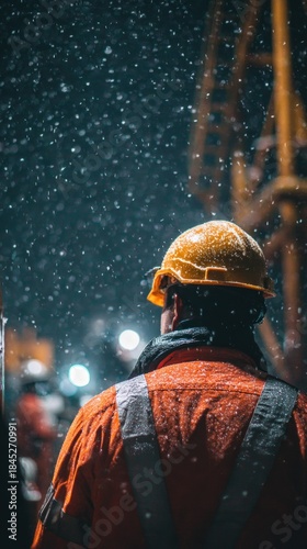 Worker in Snowy Industrial Site at Night.