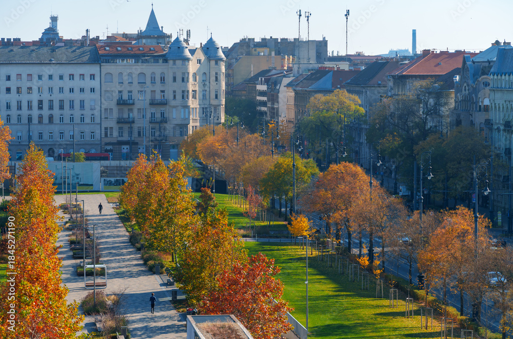 Obraz premium city park and architecture in the background on a bright autumn day, sunlight and shadows, yellow and golden autumn leaves on the trees, road traffic and beautiful nature in Budapest, Hungary