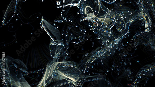 Dewdrops on floating glass lines. Abstract underwater organics in blue colors. Overlay background wallpaper. Luxury Texture Design. Stylish fashion backdrop. 