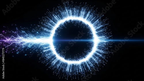 a blue and white circle with sparks in the middle