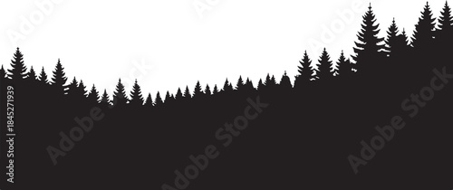 A nature-inspired Pine Forest Silhouette Set featuring a variety of tall pine trees, firs, spruces, and dense forest scenes in clean, bold black silhouettes.