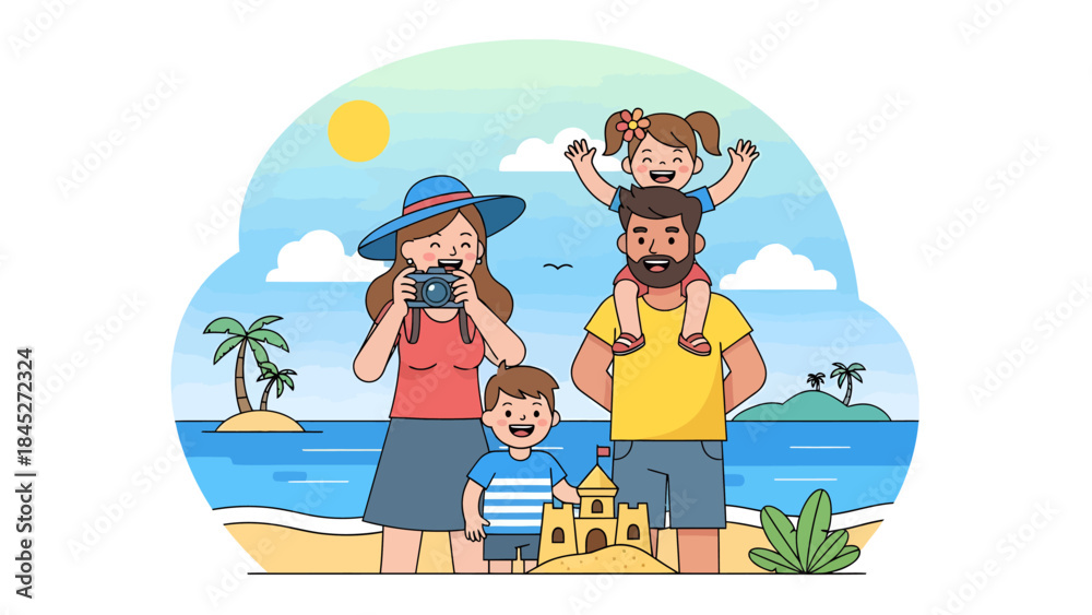 Obraz premium Happy father and son enjoying a family beach vacation illustration