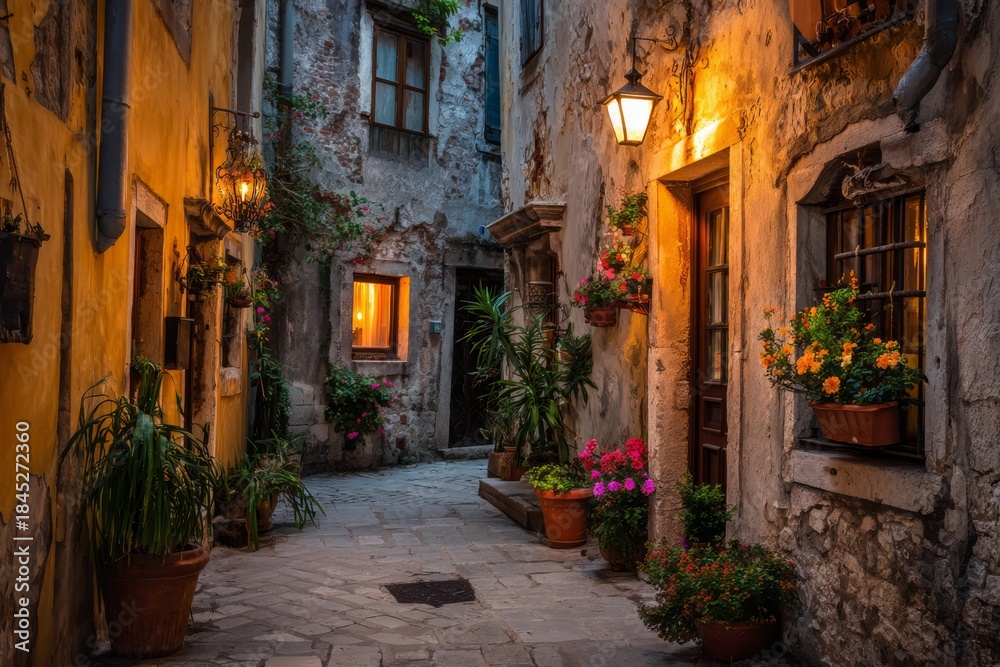 Fototapeta Charming old town alley illuminated by warm window lights and lanterns, creating a romantic and nostalgic evening atmosphere.