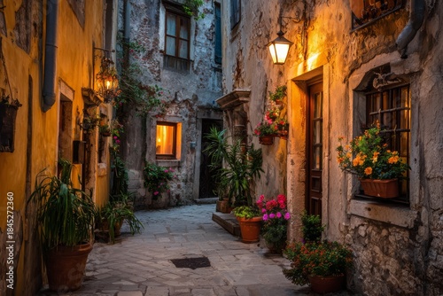 Charming old town alley illuminated by warm window lights and lanterns, creating a romantic and nostalgic evening atmosphere.