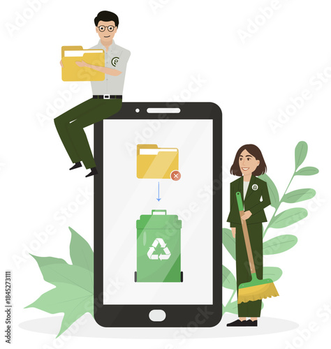 Flat digital cleanup concept with man and woman cleaning data on smartphone isolated on transparent background, ideal for teamwork visuals. World digital cleanup day. Vector illustration