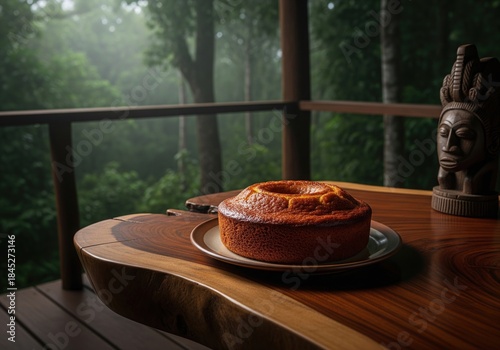 Gabonese banana cake served on a rustic wooden table on a balcony overlooking the rainforest