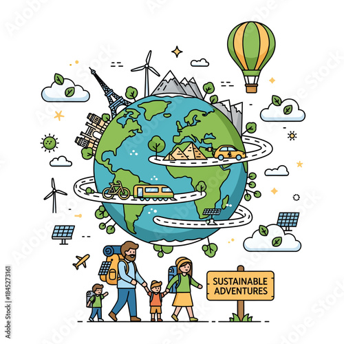 Sustainable Adventure: A family's quest for environmental harmony, showcasing various sustainable travel and eco-friendly practices.