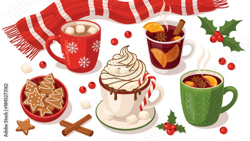 Cozy Festive Drinks: Indulge in the warmth of the season with an array of festive beverages, adorned with delightful treats and a cozy scarf, perfect for embracing the spirit of the holidays.