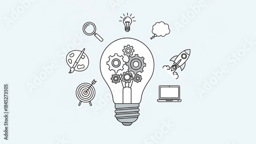 Light Bulb with Gears and Innovation Symbols.