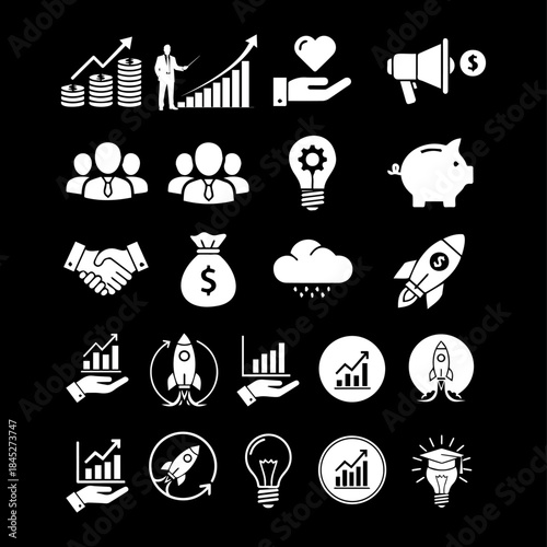 Collection of Business Growth, Startup Development, and Financial Success Concept Icons for Marketing, Innovation, and Strategic Investment Strategies