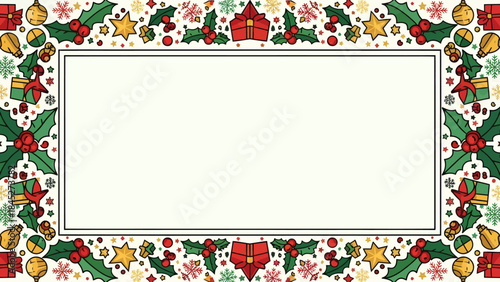 Festive Frame: A joyful arrangement of Christmas elements, with holly leaves, ornaments, and gifts arranged around a blank space, perfect for adding your personalized message for the winter holidays.