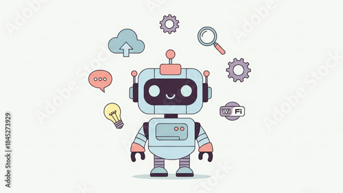 Cartoon Robot Character with Idea Symbols.