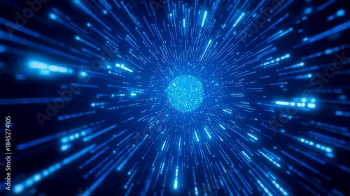 Radiating blue energy core with fast moving light particles creating deep space motion effect, digital speed sensation and dynamic abstract depth