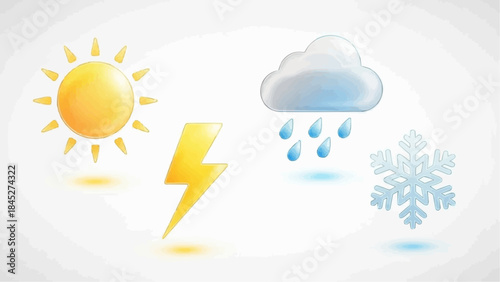 Collection of diverse weather icons including sun, lightning, rain, and snow