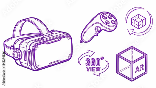Modern virtual and augmented reality technology illustration. Features a VR headset, game controller, 360-degree view, and AR icons for immersive future experiences