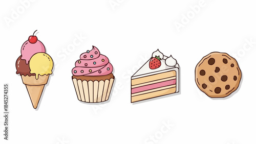 Assorted desserts including ice cream cone, cupcake, cake slice, and cookie on a white background
