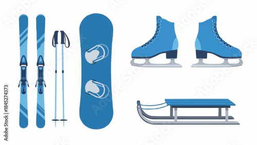 Collection of winter sports equipment, including skis, poles, snowboard, ice skates, and a sled