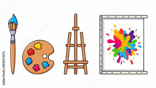 Artistic supplies including a paintbrush, palette, easel, and a canvas with a colorful paint splatter