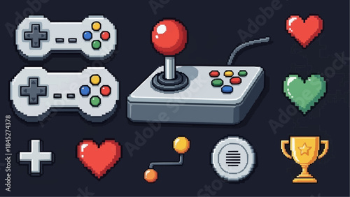 Pixel art illustration of a joystick and game controllers surrounded by hearts and a trophy on a dark background