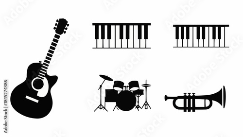 Collection of musical instruments including a guitar, drum set, piano keys, and trumpet icons
