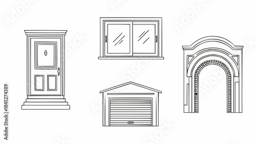 Minimalist line art vector set of diverse architectural elements classic front door with steps, modern sliding window, garage door, and ornate decorative archway