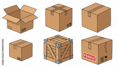 Collection of assorted cardboard boxes and wooden crates, perfect for shipping and storage