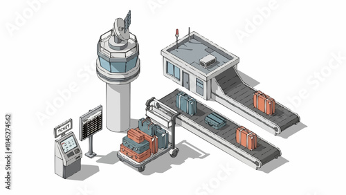 Isometric airport scene featuring a control tower, baggage claim, and luggage cart, perfect for travel or logistics concepts