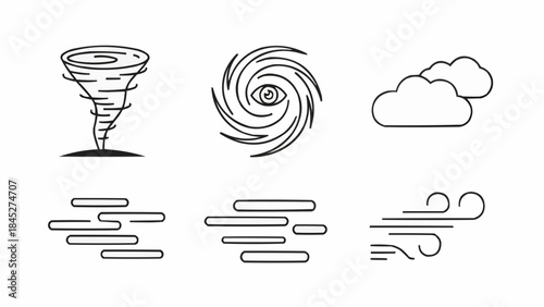 Set of Weather Icons Tornado, Hurricane, Clouds, Wind, and Storm Indicators