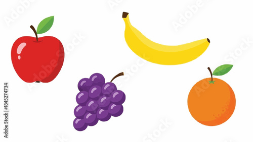 A collection of healthy fruits apple, banana, grapes, and orange, perfect for nutrition and wellness content